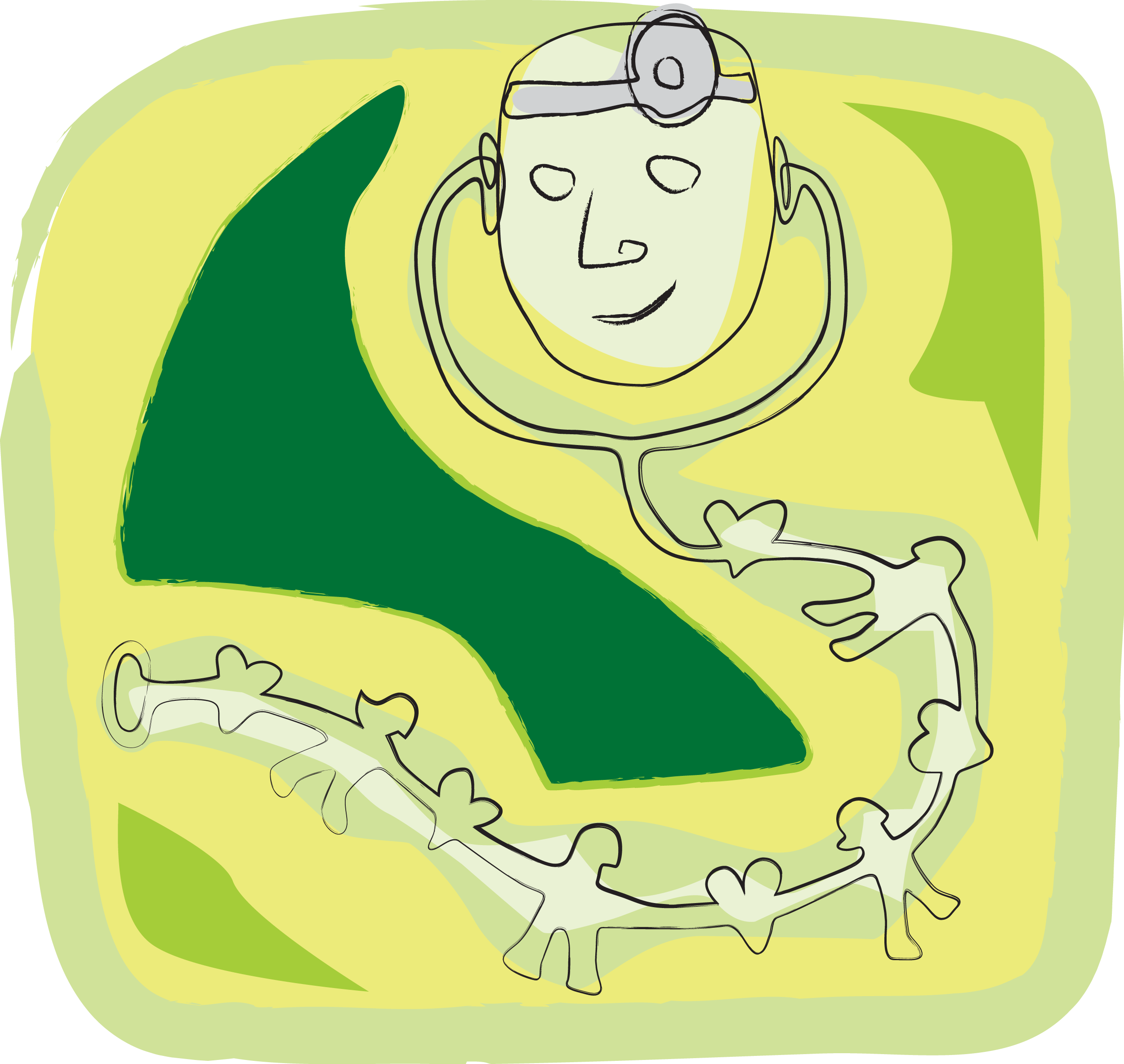 A digital drawing of a smiling medical professional wearing a head mirror, with a green curved shape in the background and a branch with leaves surrounding the person. The background is yellowish-green with a light green border.