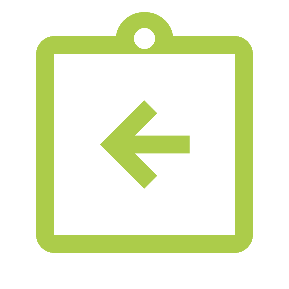 Green and black arrow sign pointing left in a square frame with a rounded top