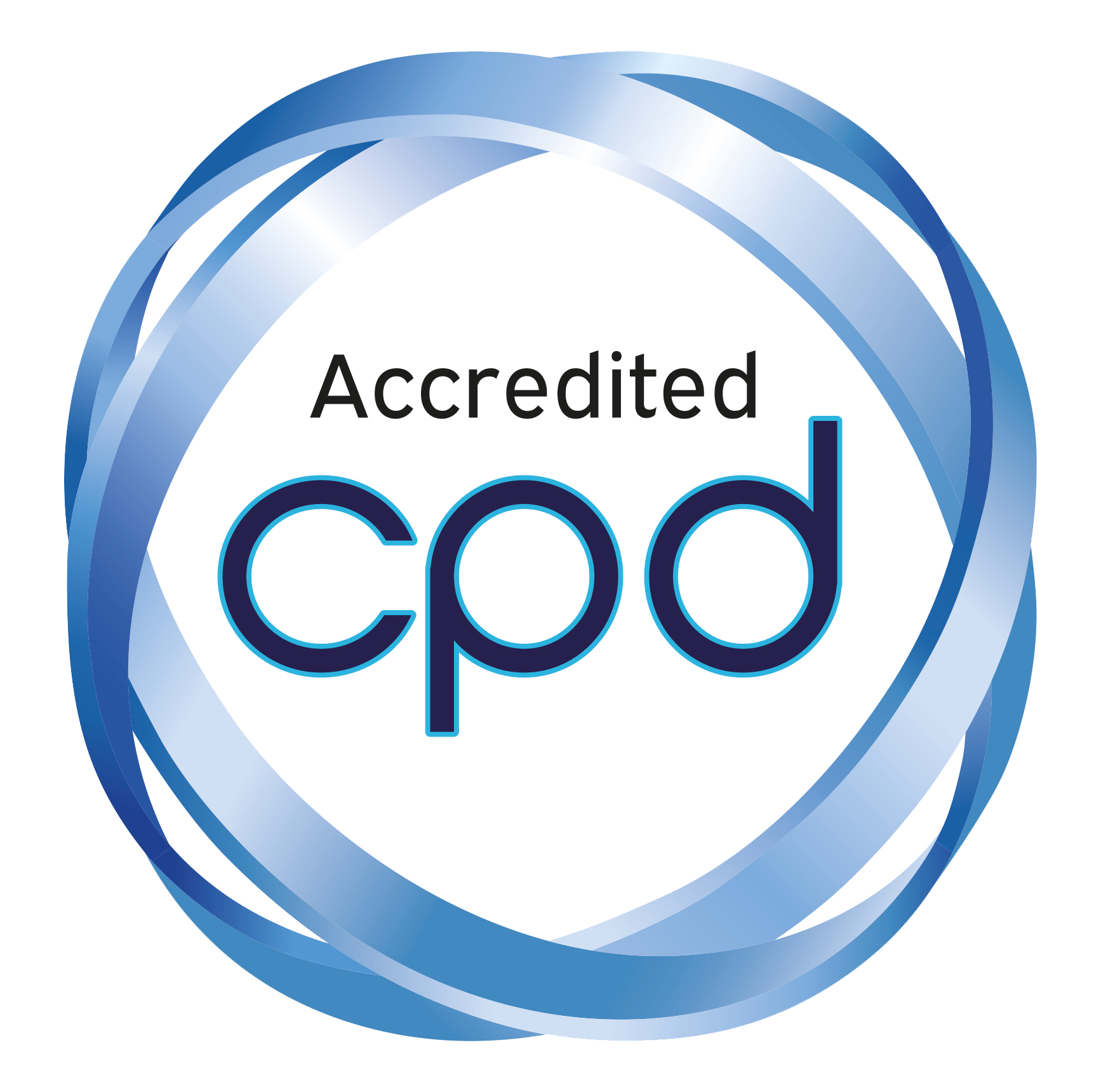 A circular badge with a blue and white design, displaying the text 'Accredited cpd'.