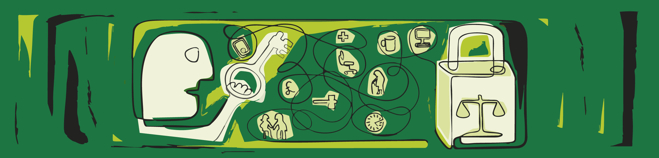 Illustration of a person speaking into a microphone connected to various icons representing communication, healthcare, technology, and social interaction, with a focus on connectivity and information exchange.