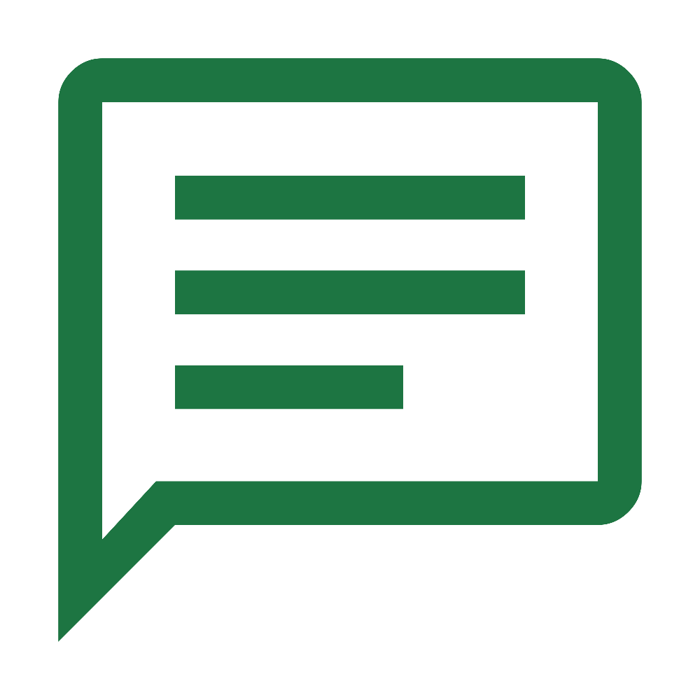 A green speech bubble icon with three horizontal lines indicating text inside.