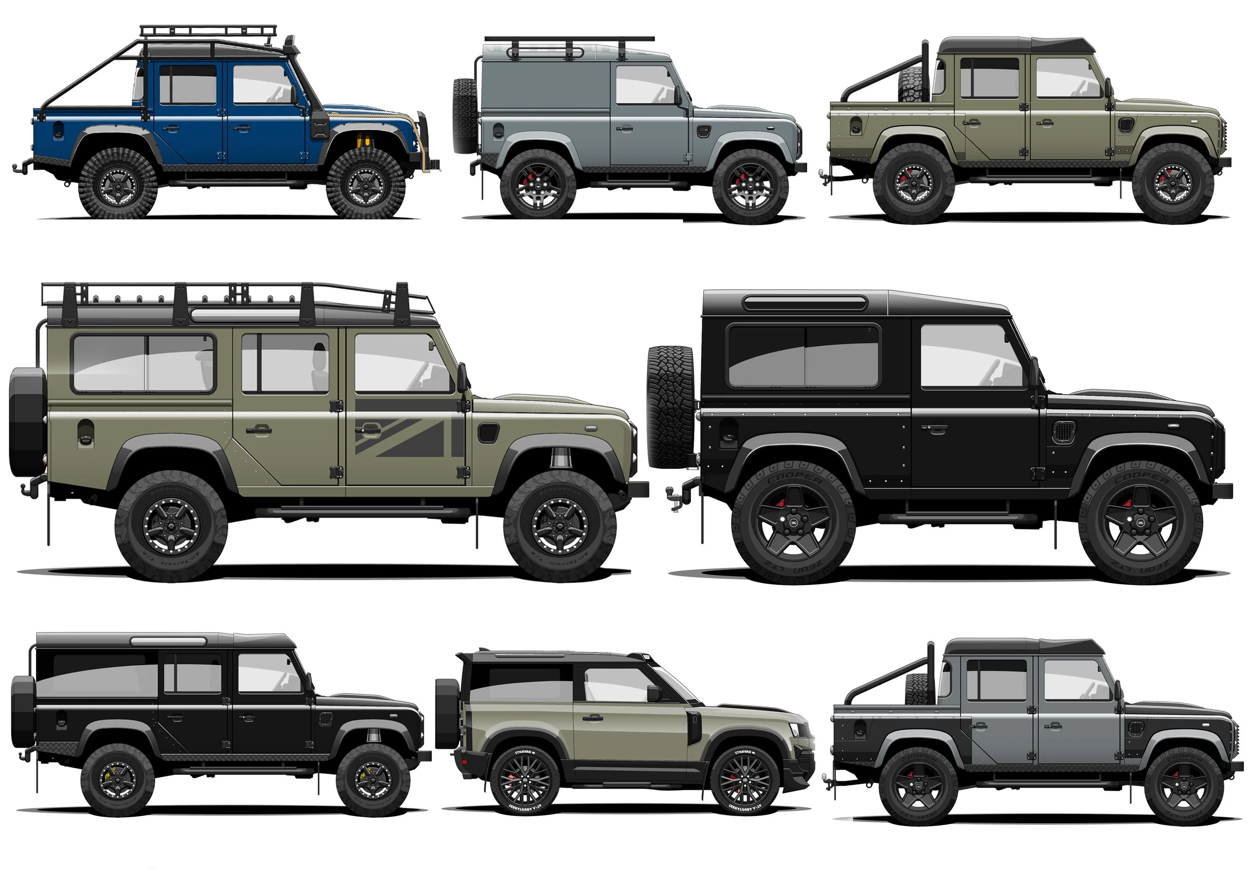The Defenders Collection of Land Rover Defenders, each in a different color and style, with a logo in the center reading "The Defenders Collection" and social media information below.
