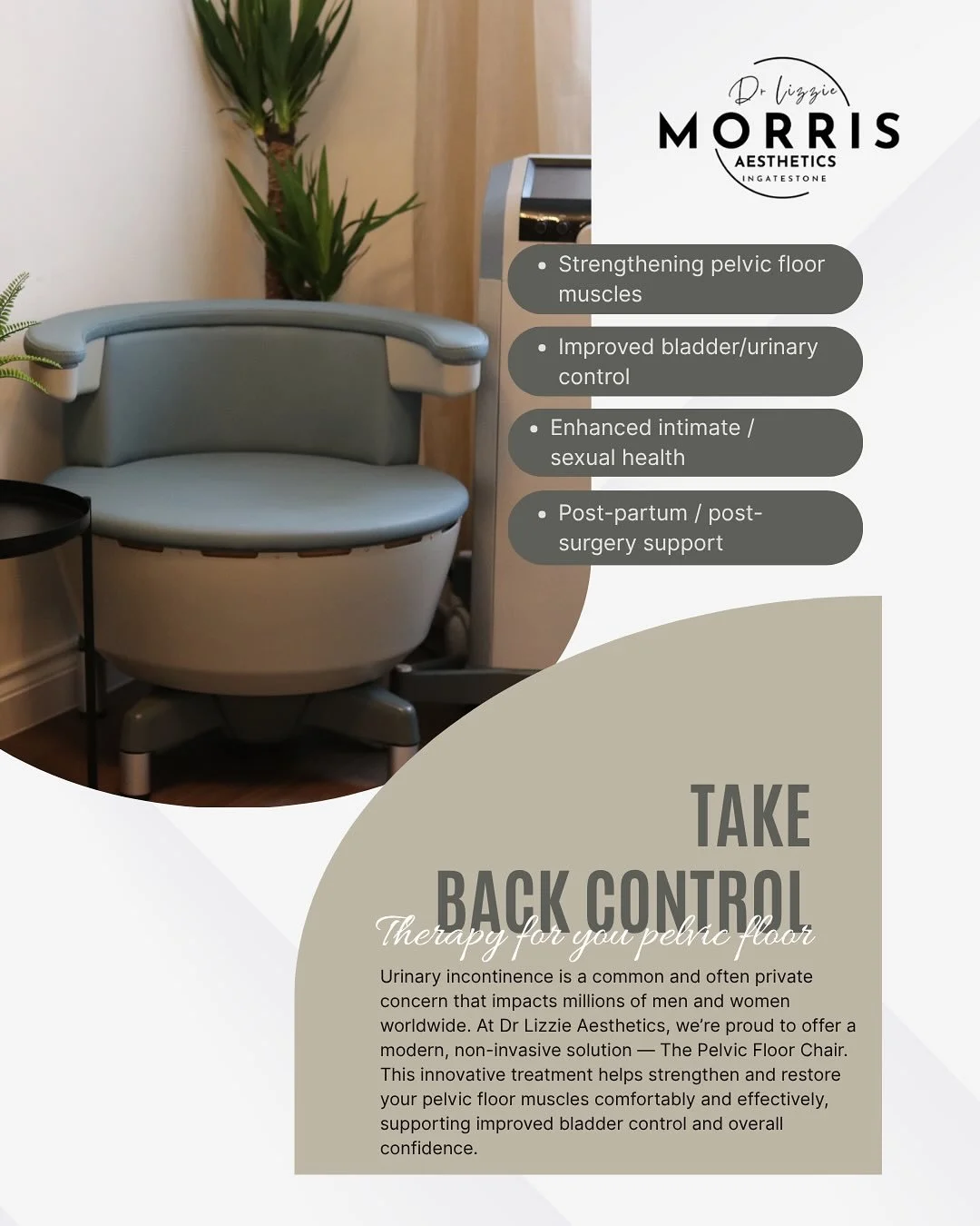 Struggling with urinary incontinence? You&rsquo;re not alone &mdash; and you don&rsquo;t have to live with it.
For many people, weak pelvic floor muscles can be truly debilitating, affecting confidence, comfort, and day-to-day life.
At Dr Lizzie Aest