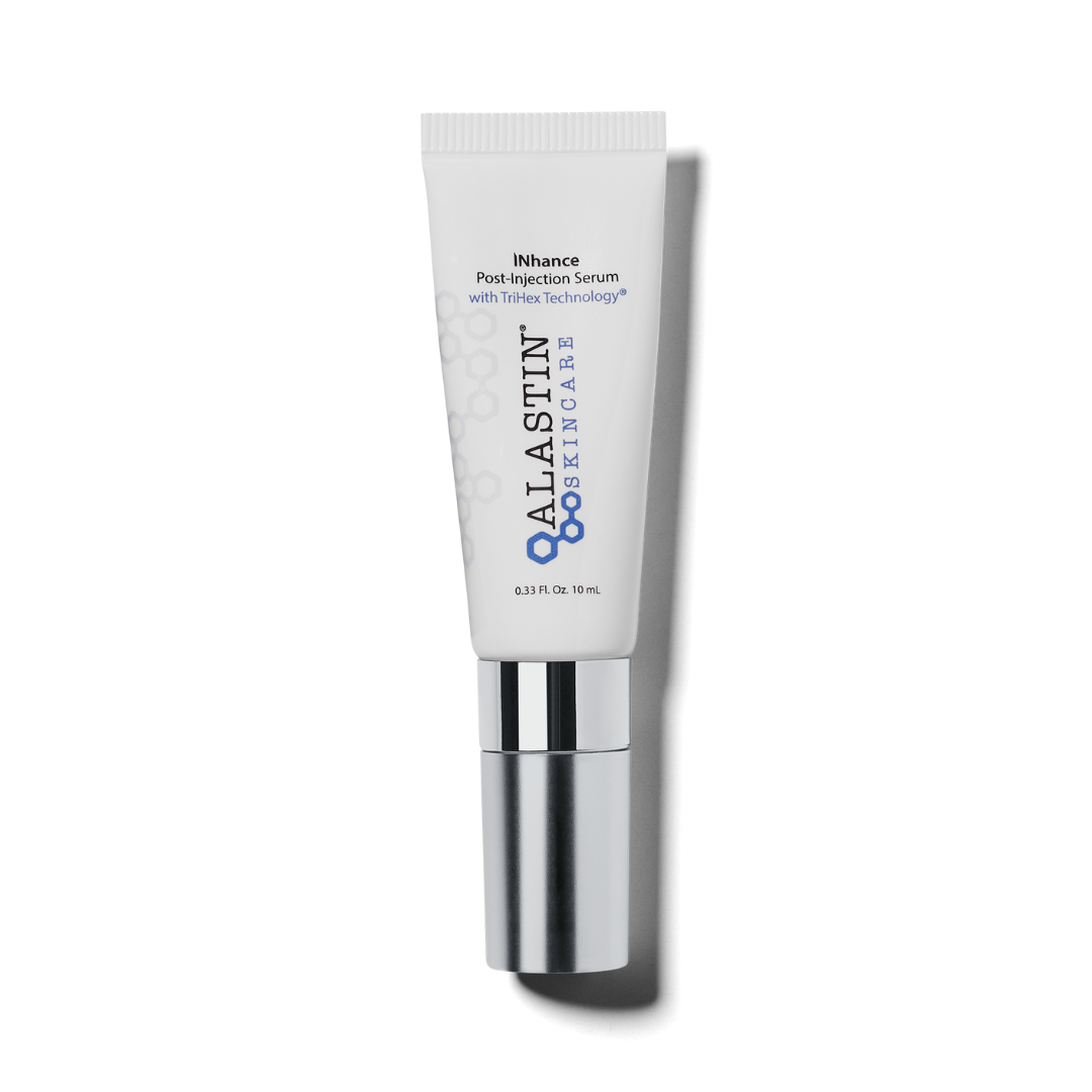 A white tube labeled 'Alastin SKIN CARE' with a metallic cap, containing Inhance Post-Injection Serum with TriHex Technology, measuring 0.33 fluid ounces.