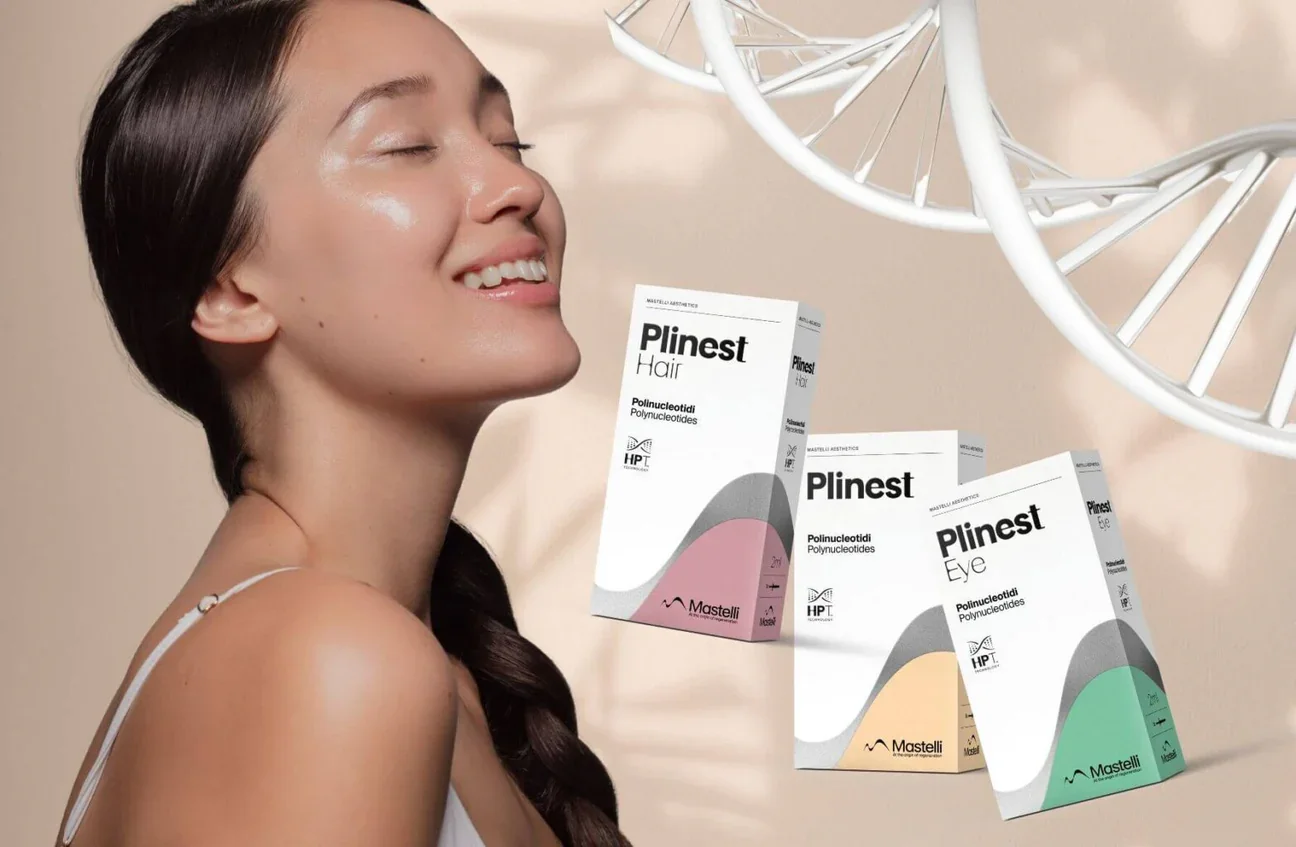 A woman with long dark hair smiling with eyes closed, surrounded by three boxes of Plinest polynucleotide hair, eye, and skin products, set against a background with a DNA helix.