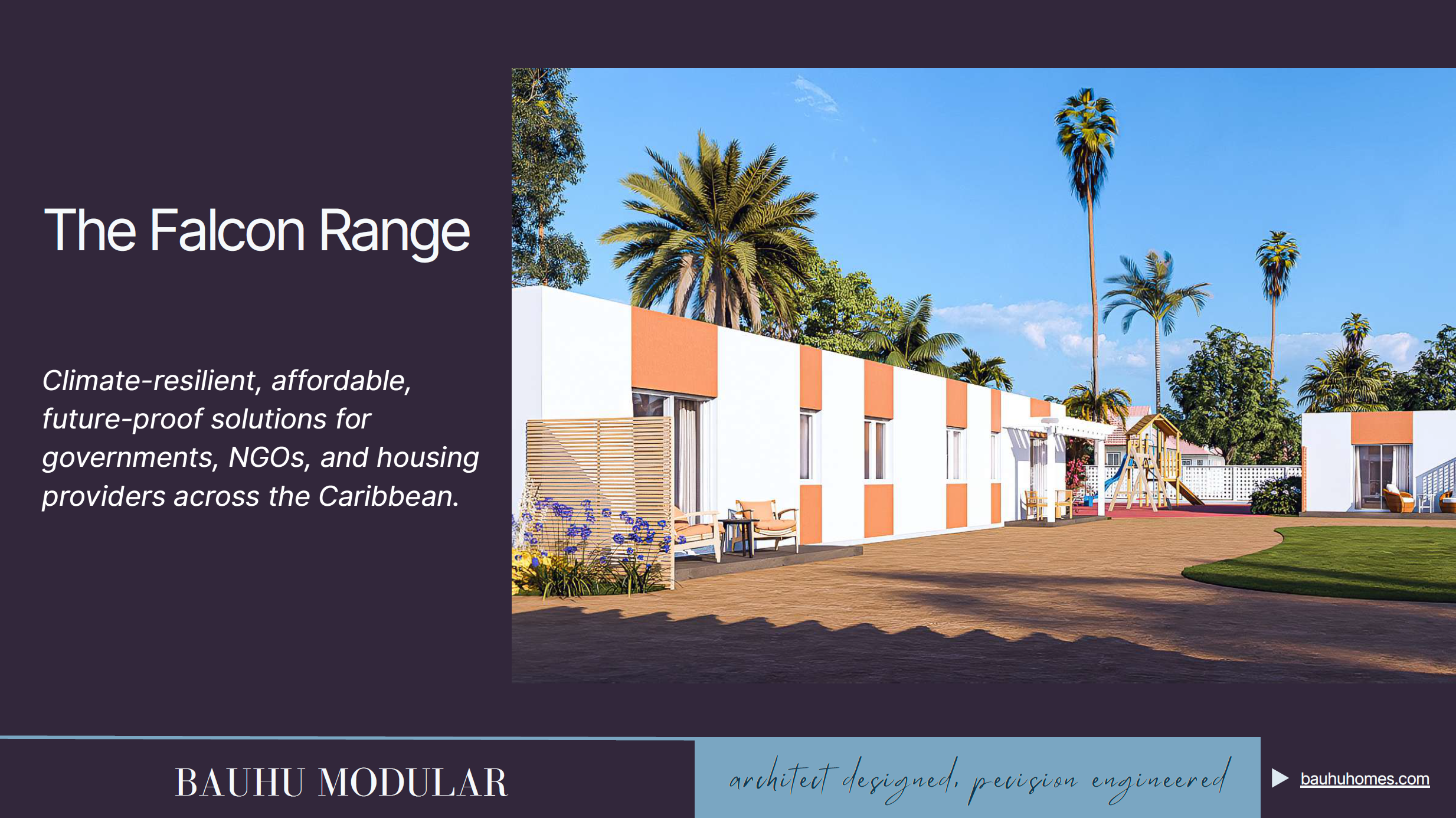 An advertisement for The Falcon Range, showing a modern, climate-resilient housing complex with white buildings featuring orange accents, outdoor seating, green lawn, and palm trees under a clear blue sky.