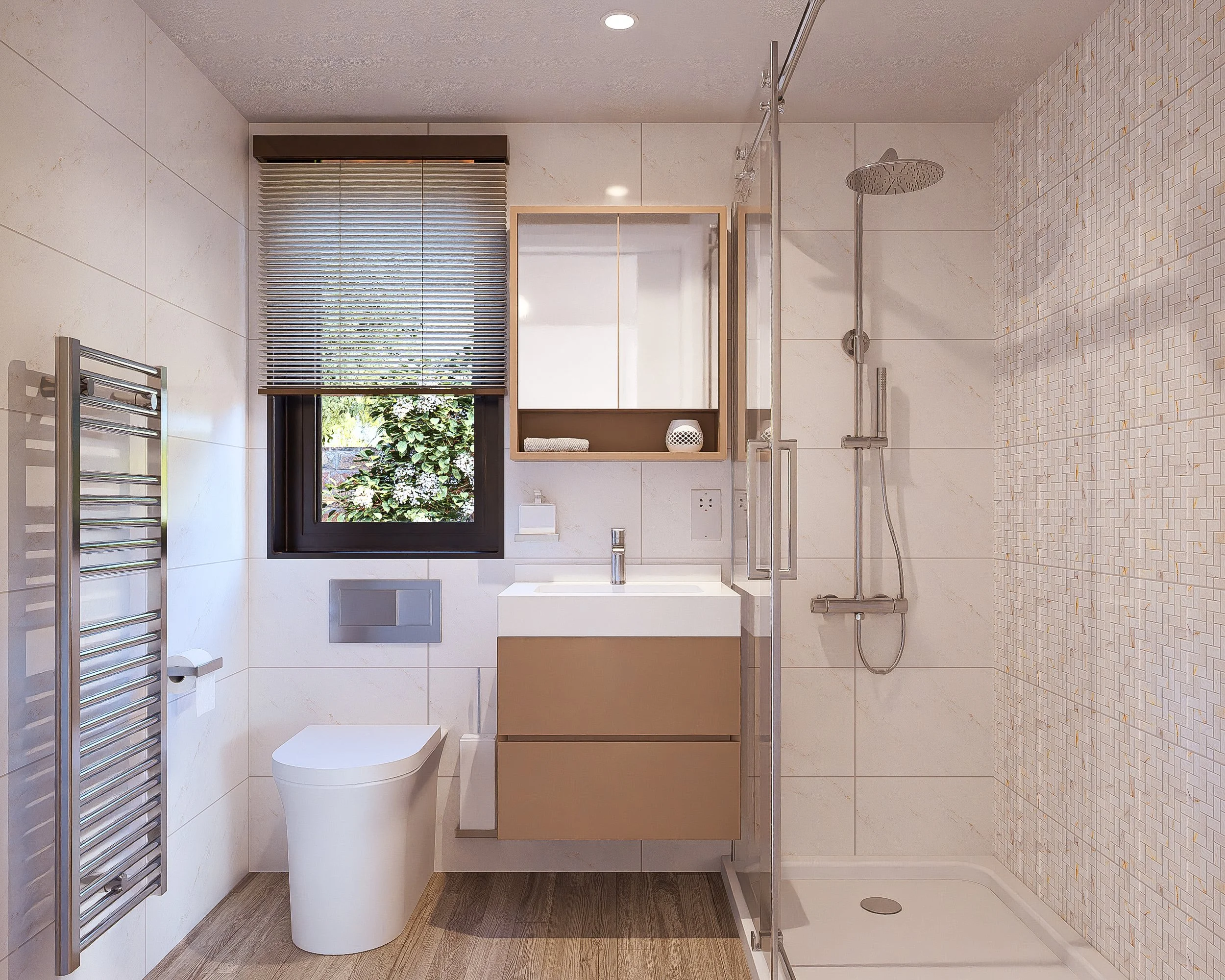 Modern modular, hurricane resistant steel frame Bauhu bathroom with a walk-in shower, wooden accent wall, window with blinds, a white vanity with a black cabinet, and a small wooden stool with a potted plant and toiletries.