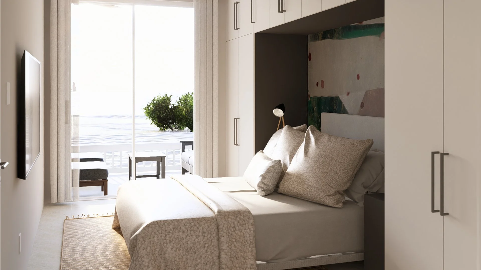 A cozy modular, hurricane resistant steel frame Bauhu hotel bedroom with a view of the balcony, decorated with light-colored bedding, pillows, and a modern bedside lamp, overlooking a balcony with outdoor chairs and greenery.