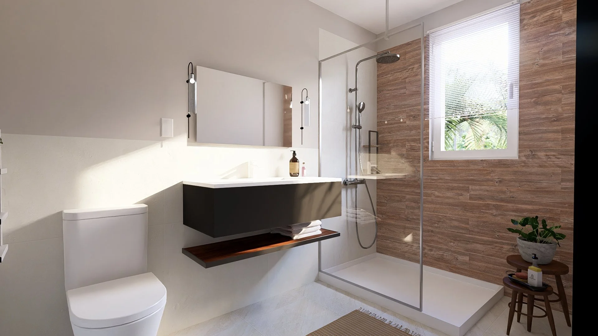 Modern bathroom with a white toilet, a wall-mounted white sink with a black cabinet, a wooden shelf underneath, a large mirror, two hanging pendant lights, a walk-in shower with a glass door, a white window with blinds, a small round wooden table with a potted plant, and natural light coming through the window.