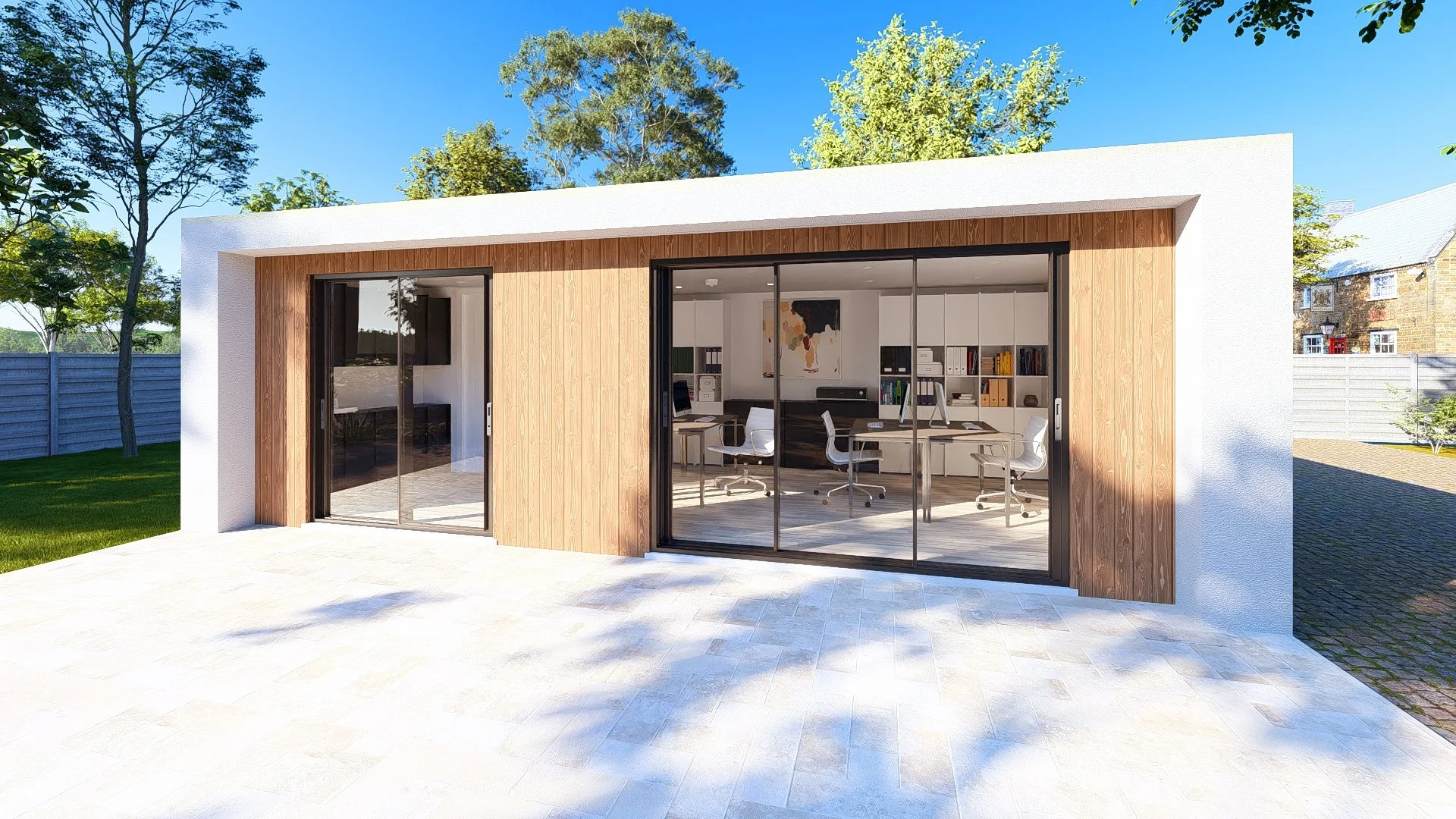 A Bauhu modular garden pod guest annex minimalist house entrance with wooden door, potted plants, white walls, and a tall palm tree, under a partly cloudy sky
