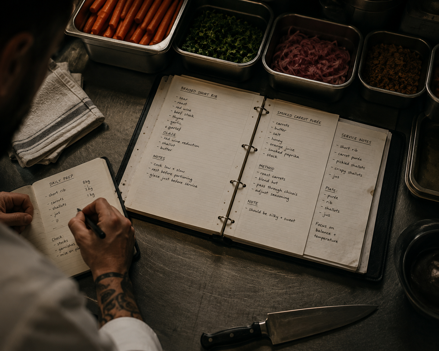 Professional kitchen prep station featuring handwritten recipe notes, daily prep lists, and organised mise en place to support operational consistency and knowledge sharing.