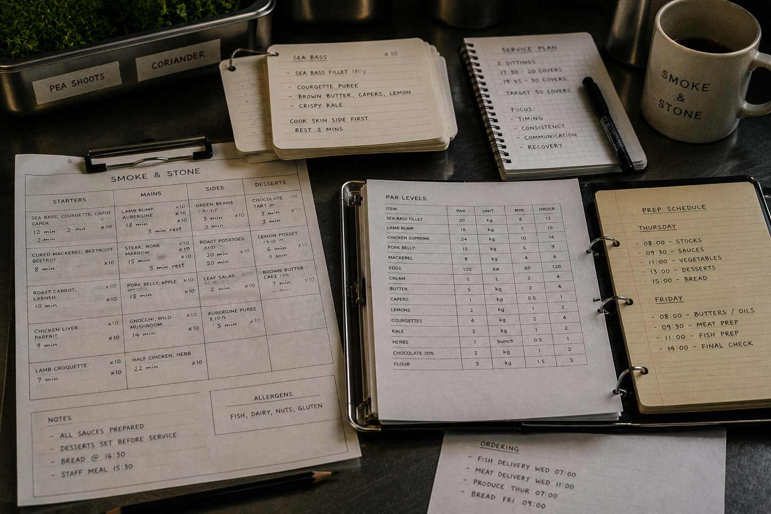 Chef menu development notes, prep plans and operational restaurant planning before opening.