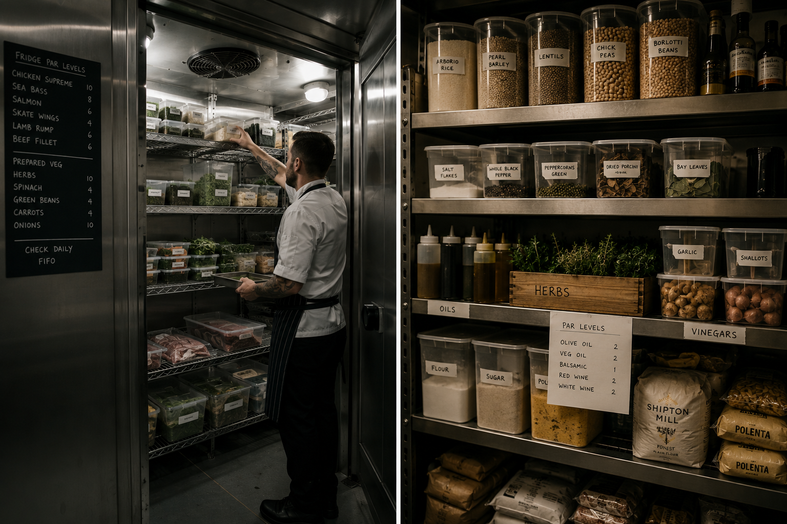 Organised restaurant storage systems, par levels and inventory management supporting operational consistency.