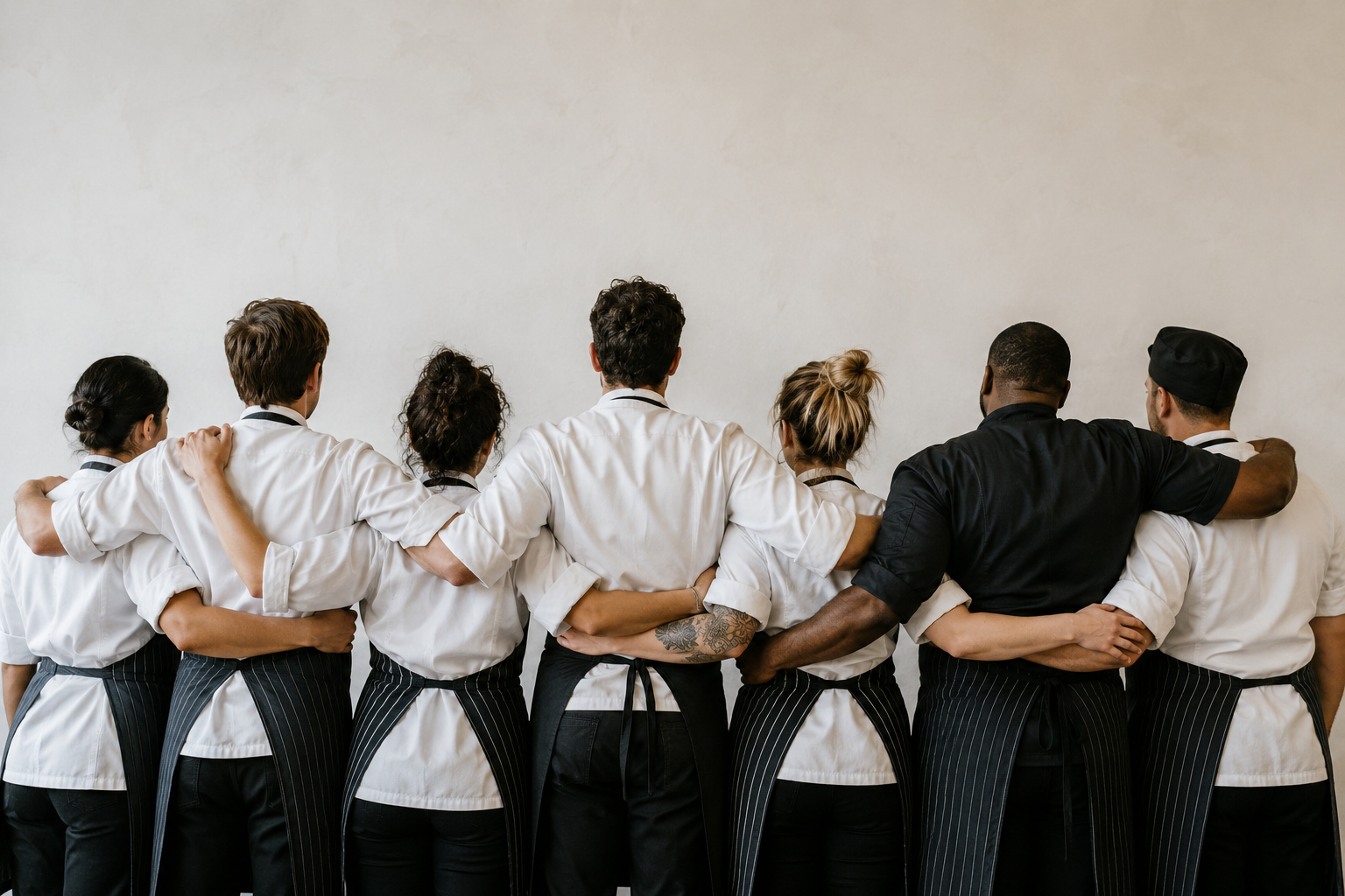 Professional chef team standing together in a commercial kitchen environment, representing shared knowledge, collaboration, and strong operational culture in hospitality.