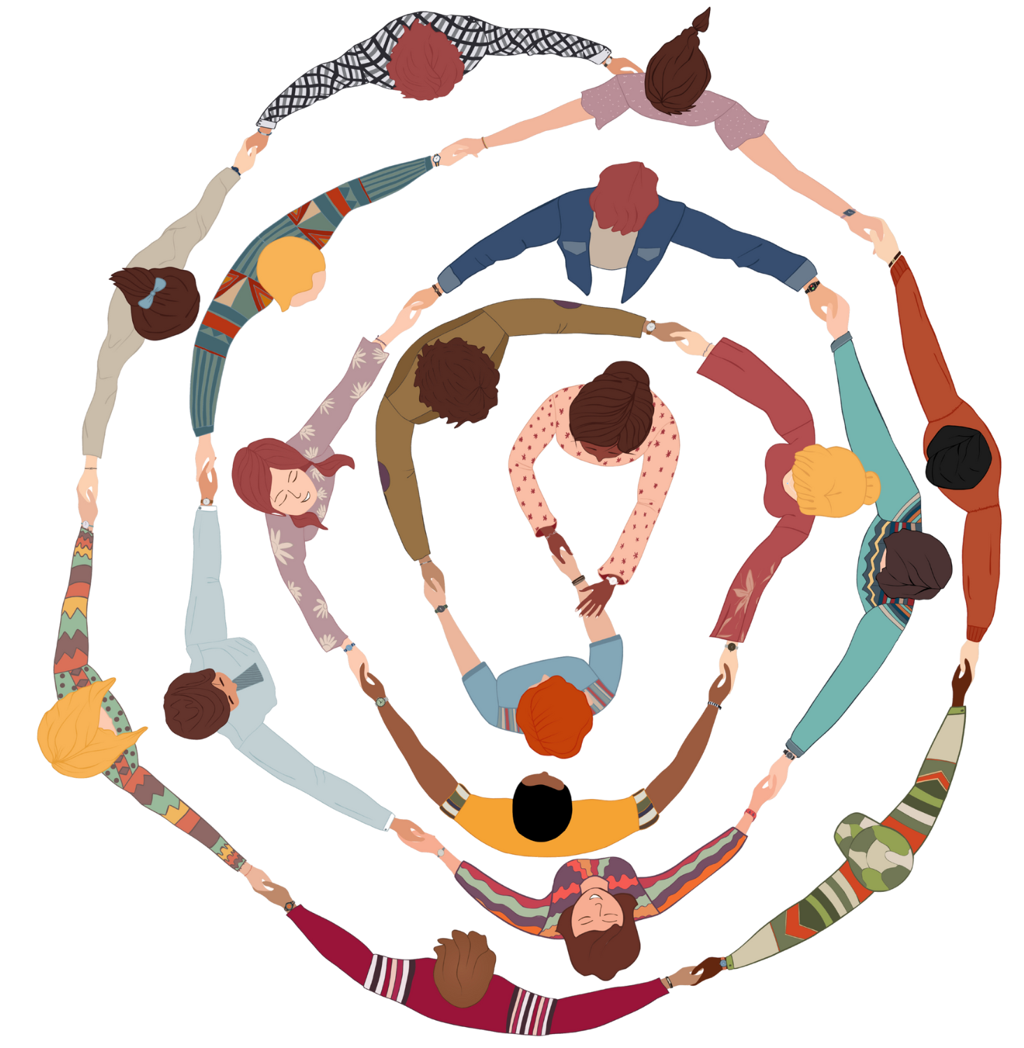 An aerial view of people dancing. They are holding hands in a spiraling circle.