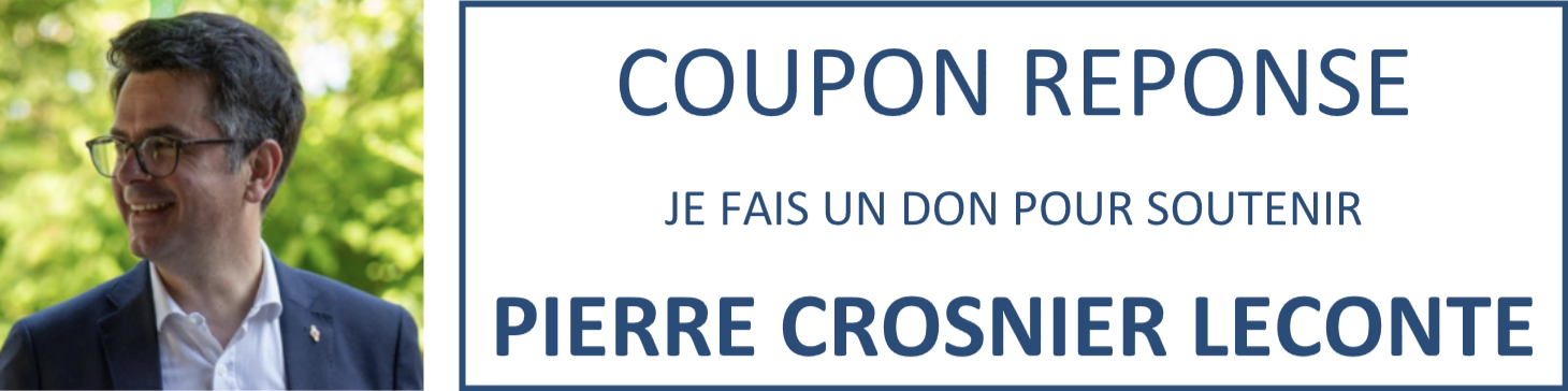 Une bannière de collecte de fonds avec une photo d'un homme en costume avec lunettes, souriant, devant un arbre vert. Le texte indique un coupon réponse pour faire un don en soutien à Pierre Crosnier Leconte.