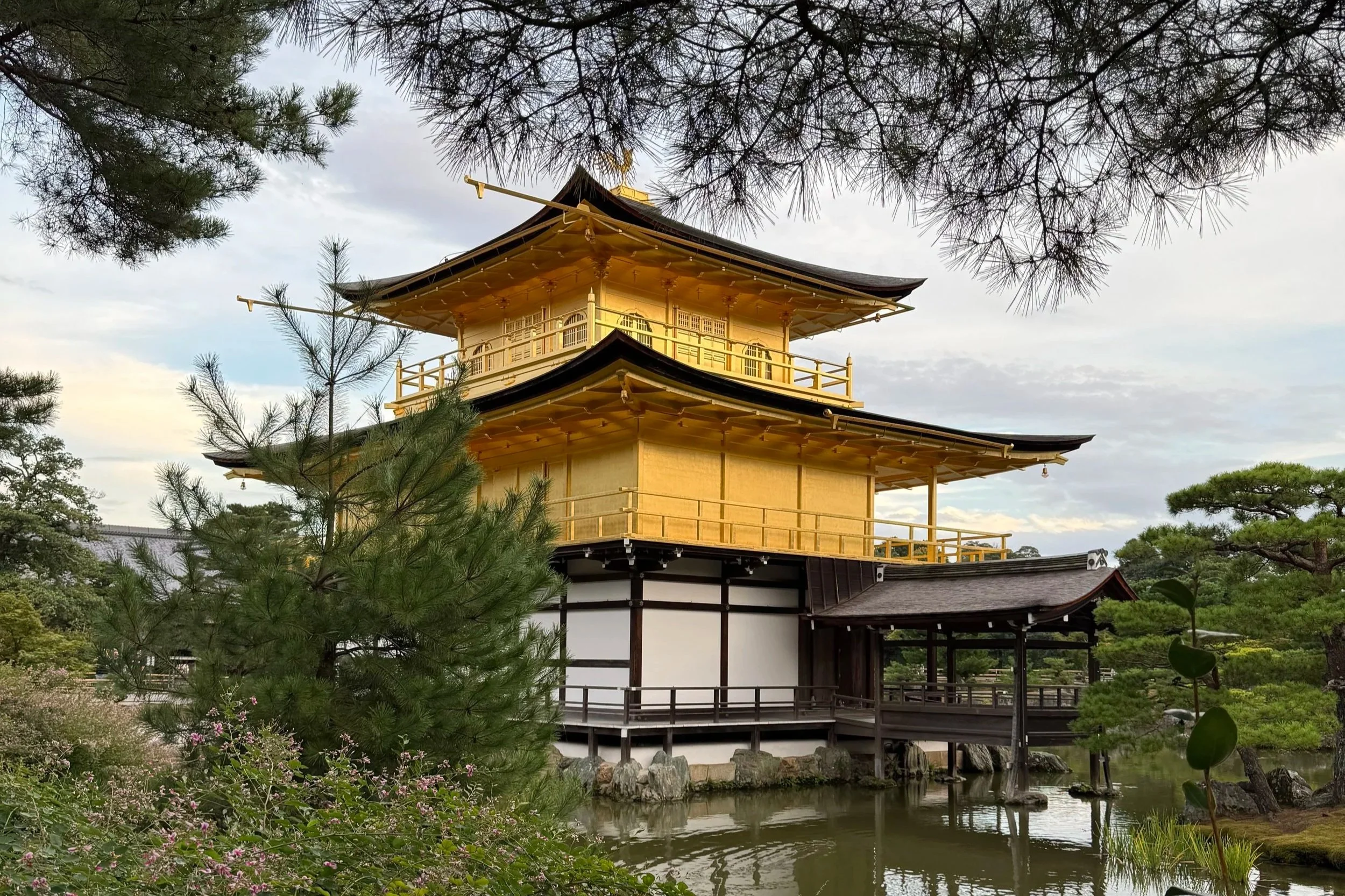 A traditional Japanese golden pagoda with multiple tiers, set in a peaceful garden with a pond, trees, and lush greenery.