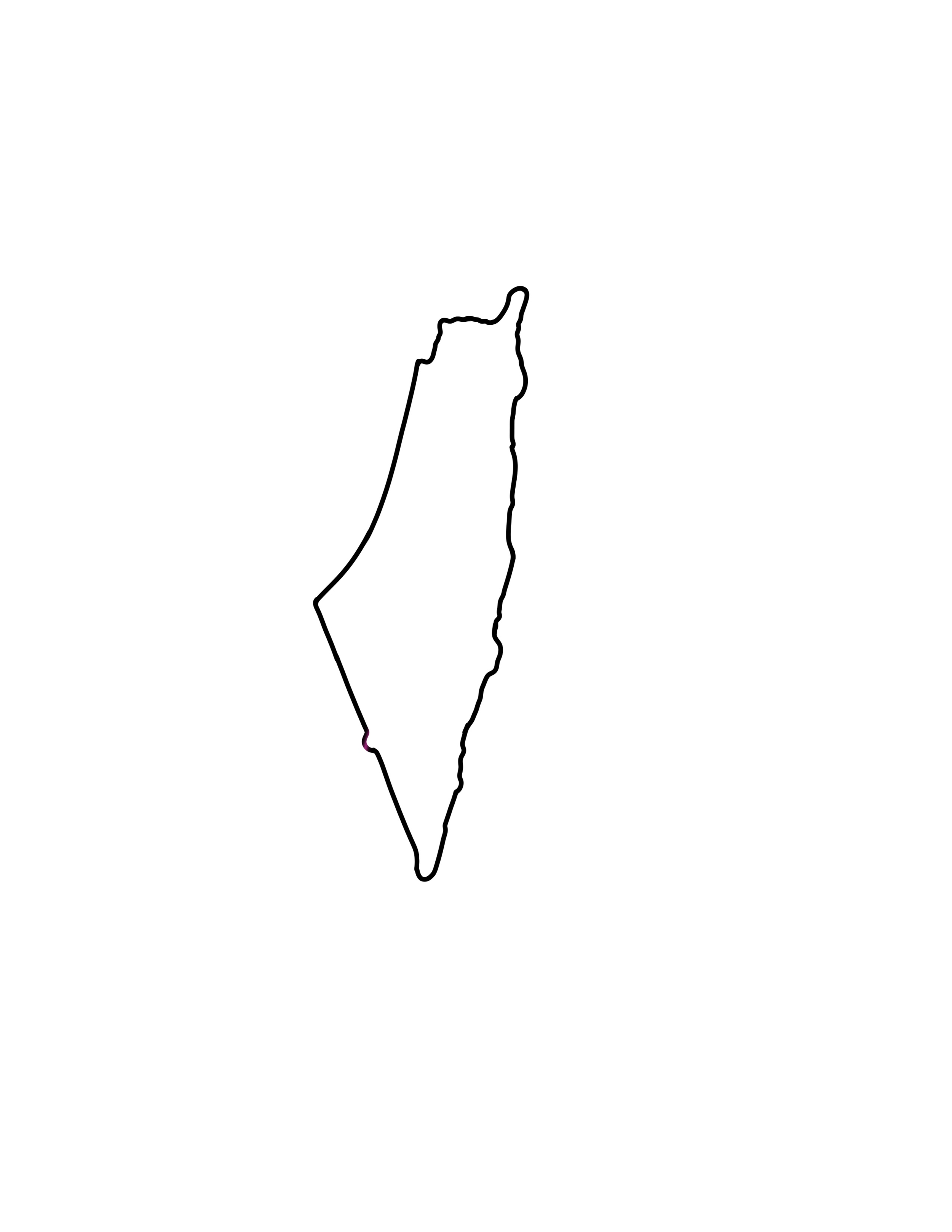 A black line drawing of the borders of Palestine on a white background.