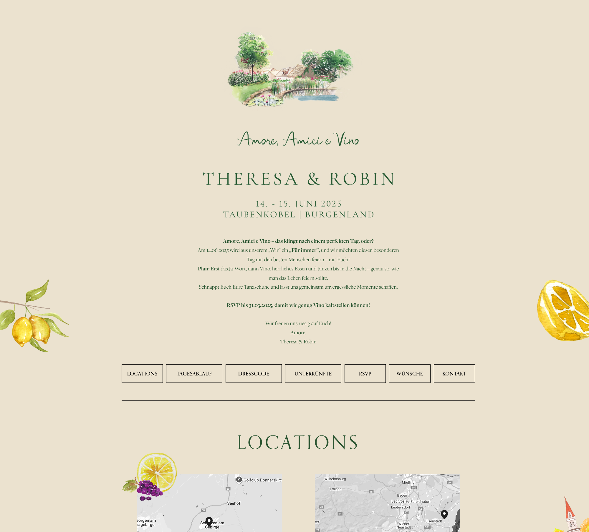 Einladungsseite für eine Veranstaltung mit ländlichem Thema, inklusive Illustrationen von Zitronen, Brombeeren und Zitronenscheiben, sowie Landkarten mit Standortmarkierungen.