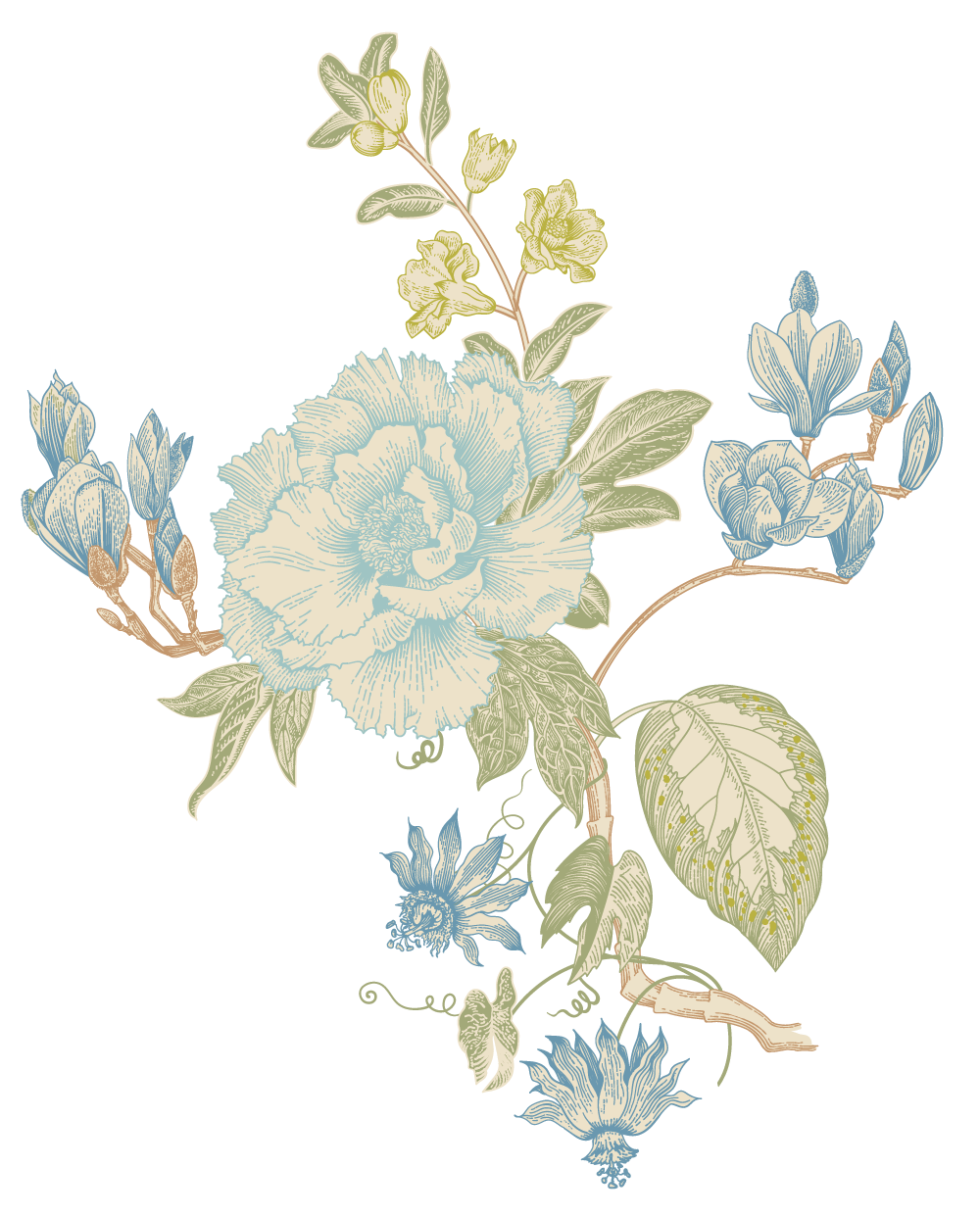 Illustration von blauen und gelben Blumen mit grünen Blättern auf schwarzem Hintergrund.