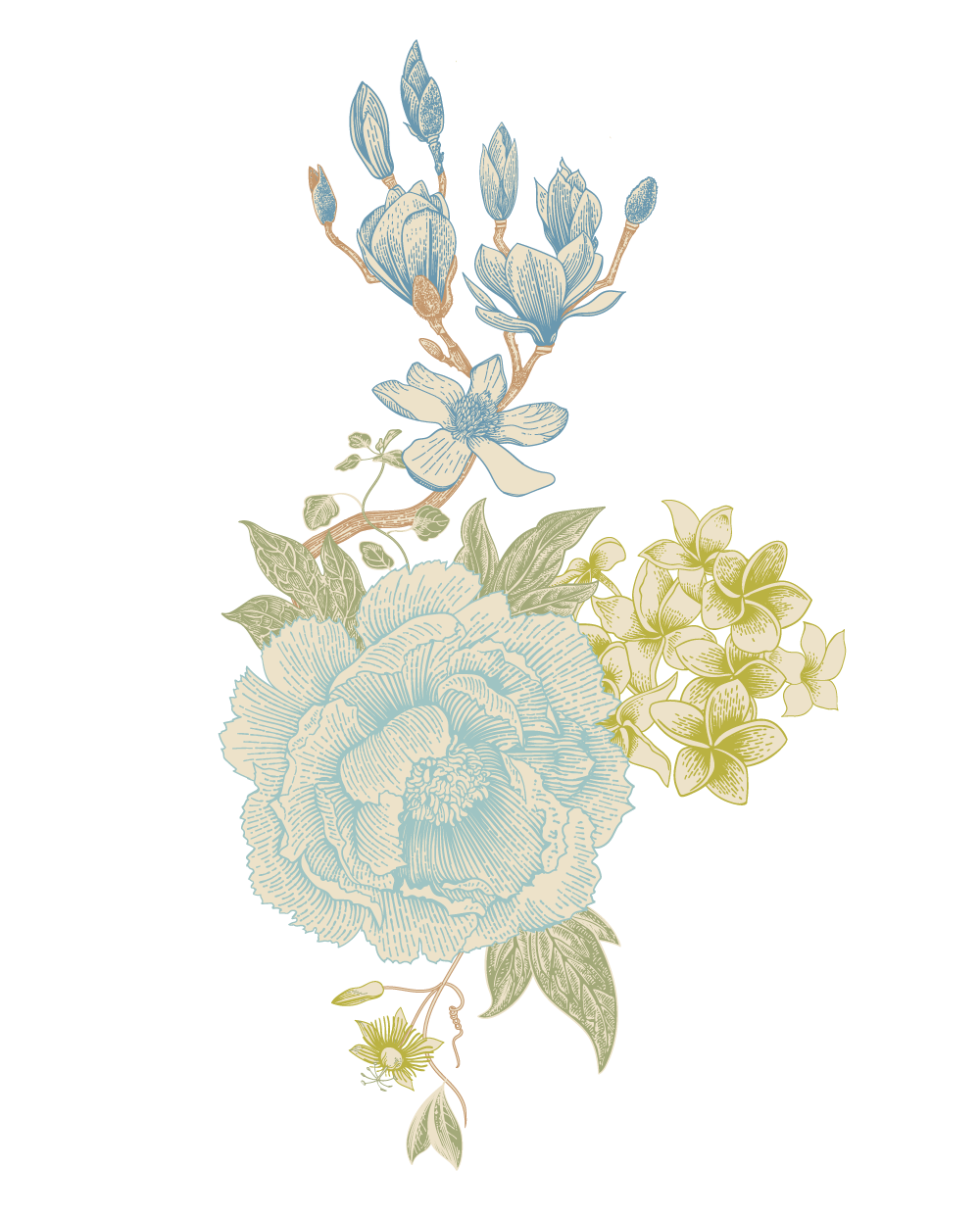 Blumenillustration mit blauen, grünen und gelben Blüten und Blättern auf schwarzem Hintergrund.