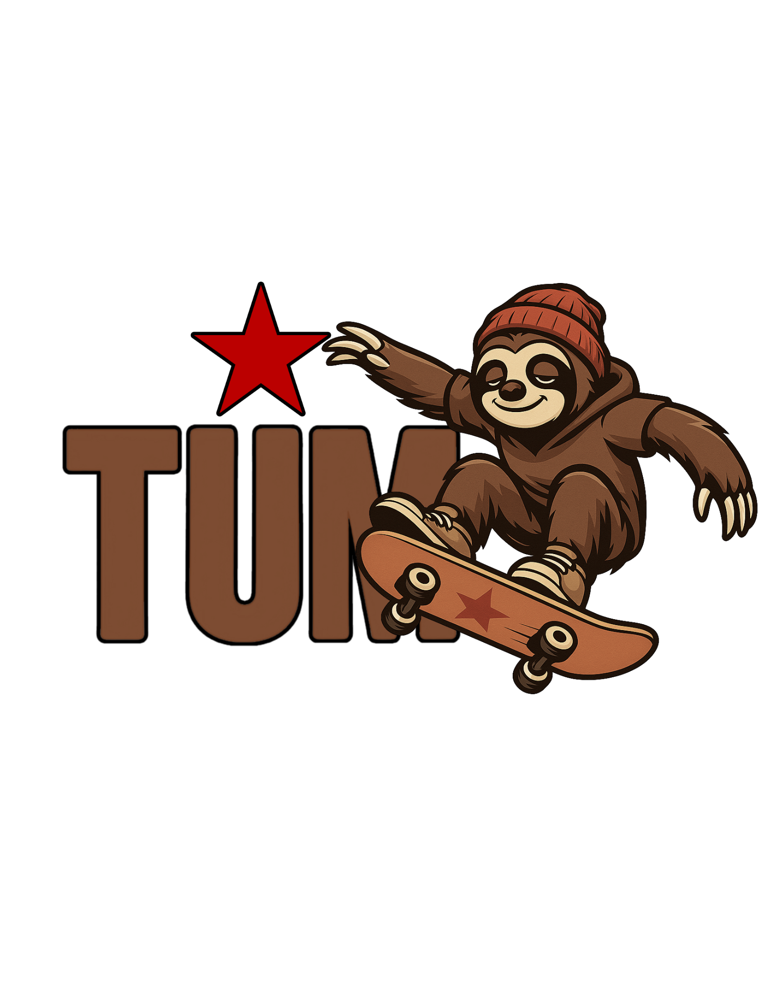 Laze captured mid-air in a skateboard trick, beanie on and relaxed expression intact. The TUM logo and star amplify the urban energy of the illustration.