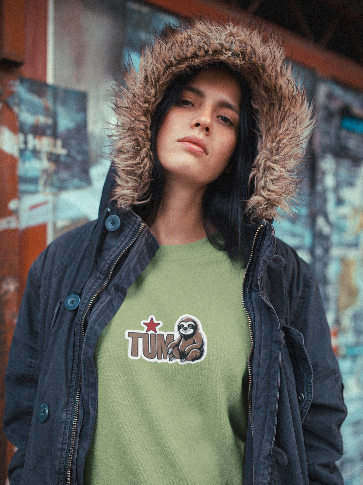 Woman wearing green TUM T-shirt with sloth graphic and black jacket with fur-lined hood, standing in blurred urban setting.