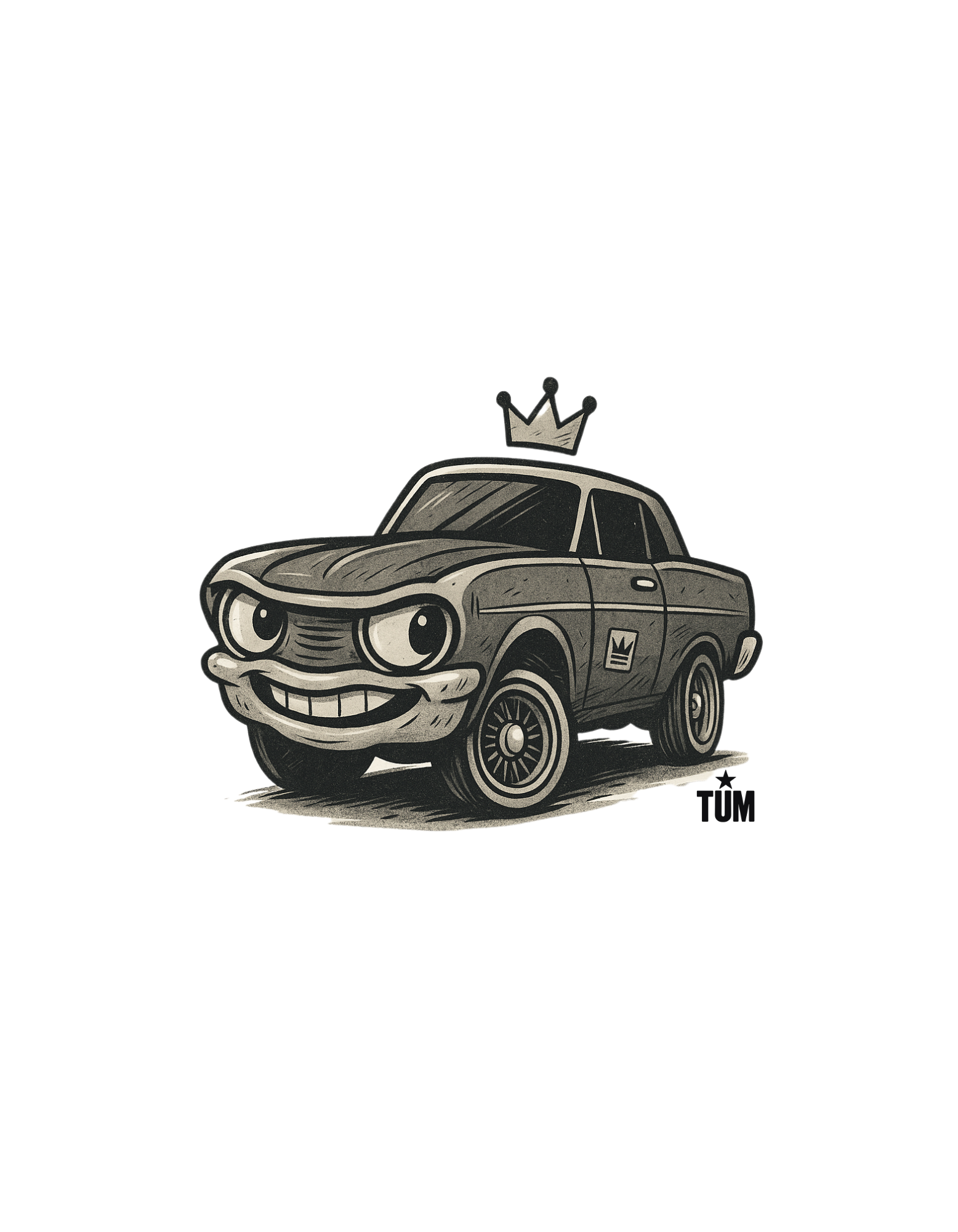 A vintage car turned character, complete with eyes, grin, and a crown floating above. Playful yet powerful, it mixes lowrider energy with a bold personality. The TUM logo anchors it in the collection.