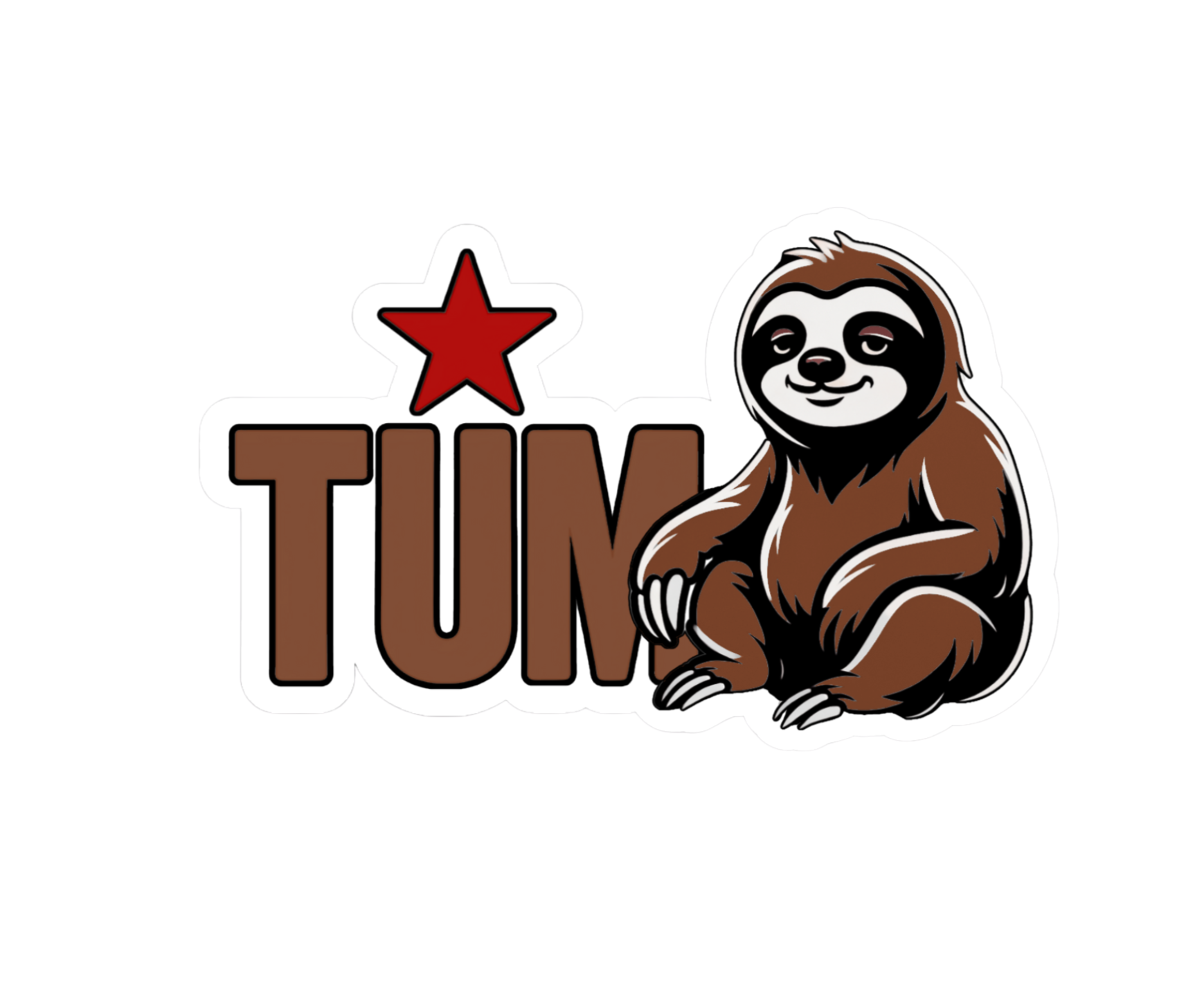 The core design of Laze, the TUM Studio sloth mascot, seated calmly beside the bold TUM logo and red star. This image establishes the identity of the brand.