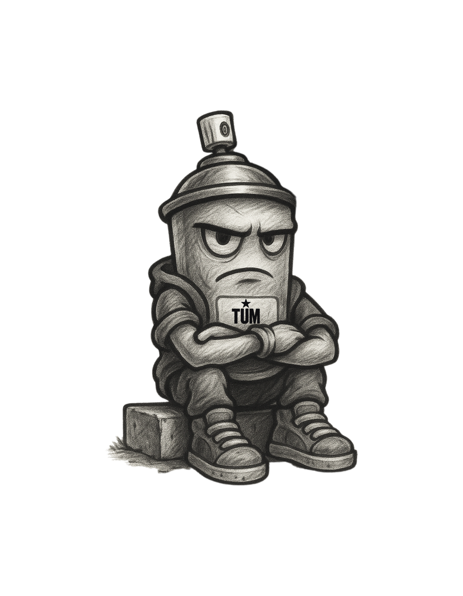 A spraycan brought to life, arms crossed and hoodie up, radiating defiance. Sneakers and body language underline its street roots, while the TUM logo grounds it within the brand identity.