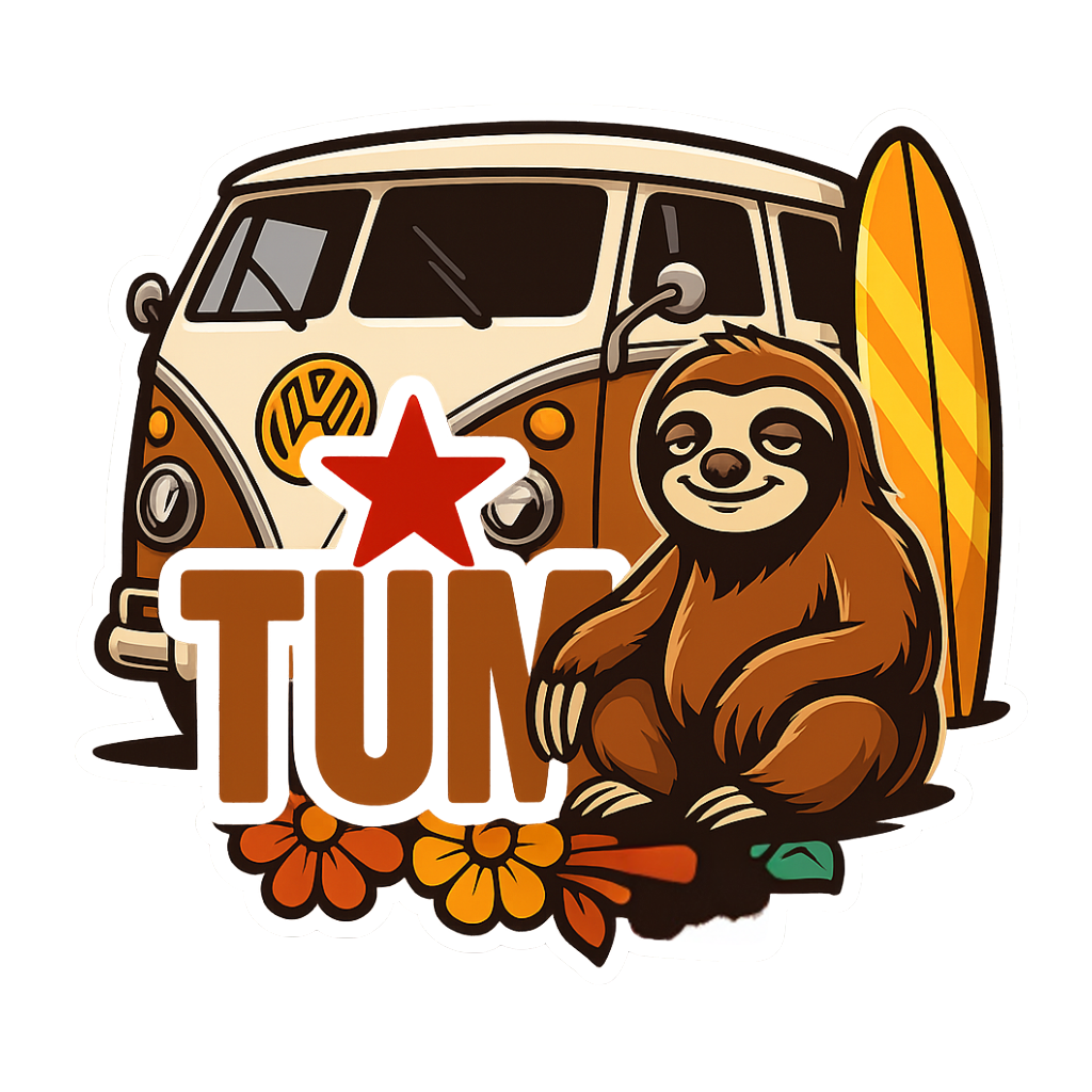 Laze leans against a surfboard in front of a VW bus, surrounded by flowers. The TUM logo and star reinforce the playful, adventurous vibe, blending lifestyle with brand identity. 