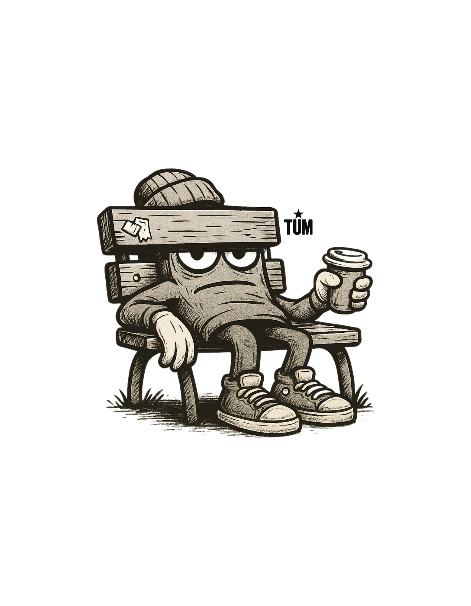An urban character made of wooden planks lounges on a bench with sneakers, beanie, and coffee in hand. The relaxed pose and worn-out vibe reflect a raw street attitude, marked with the subtle TUM branding.