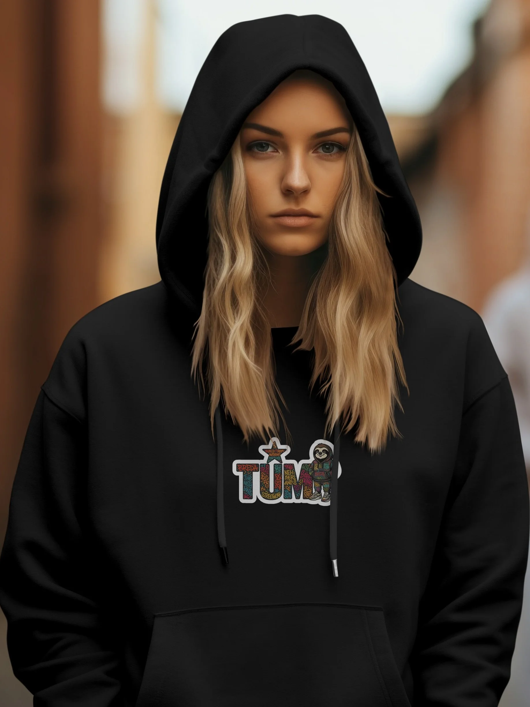 Model wearing black TUM hoodie with embroidered logo, hood up, outdoor setting.