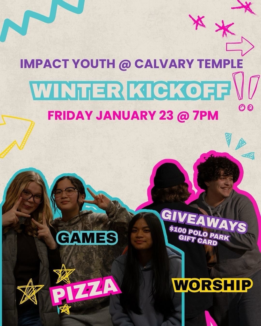 WE BACK!

FRIDAY, JANUARY 23RD!

FREE PIZZA! GIVEAWAYS! WORSHIP! AND MUCH MORE!

INSTAGRAM CONTEST:

Repost on your story, and tag your friends in the comments for a chance to win a $50 Polo Park Giftcard! Every repost is one entry! Every comment is 