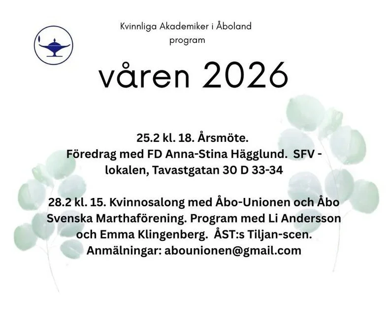 B&auml;sta medlem! 

H&auml;r kommer en p&aring;minnelse om v&aring;rens intressanta program! 

🍀 Du har v&auml;l noterat &aring;rsm&ouml;tet den 25.2, d&aring; Anna-Stina H&auml;gglund h&aring;ller f&ouml;redrag? Vi kan ocks&aring; meddela att det 