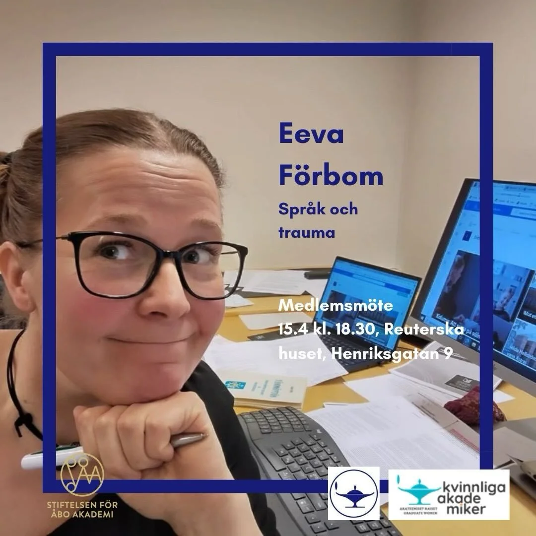 - Hej Eeva F&ouml;rbom, doktorand i svenska spr&aring;ket vid &Aring;bo Akademi! Du ska tr&auml;ffa oss p&aring; medlemskv&auml;llen i april, 15.4 kl. 18.30 i Reuterska huset, Henriksgatan 9 (obs platsen!). Ber&auml;tta vad vi ska f&aring; h&ouml;ra 