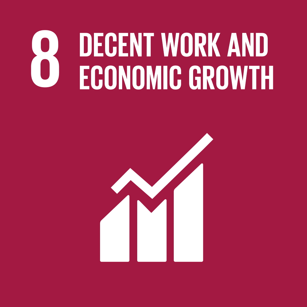 United Nations Sustainable Development Goal 8 icon representing economic growth, featuring a bar chart and upward arrow.