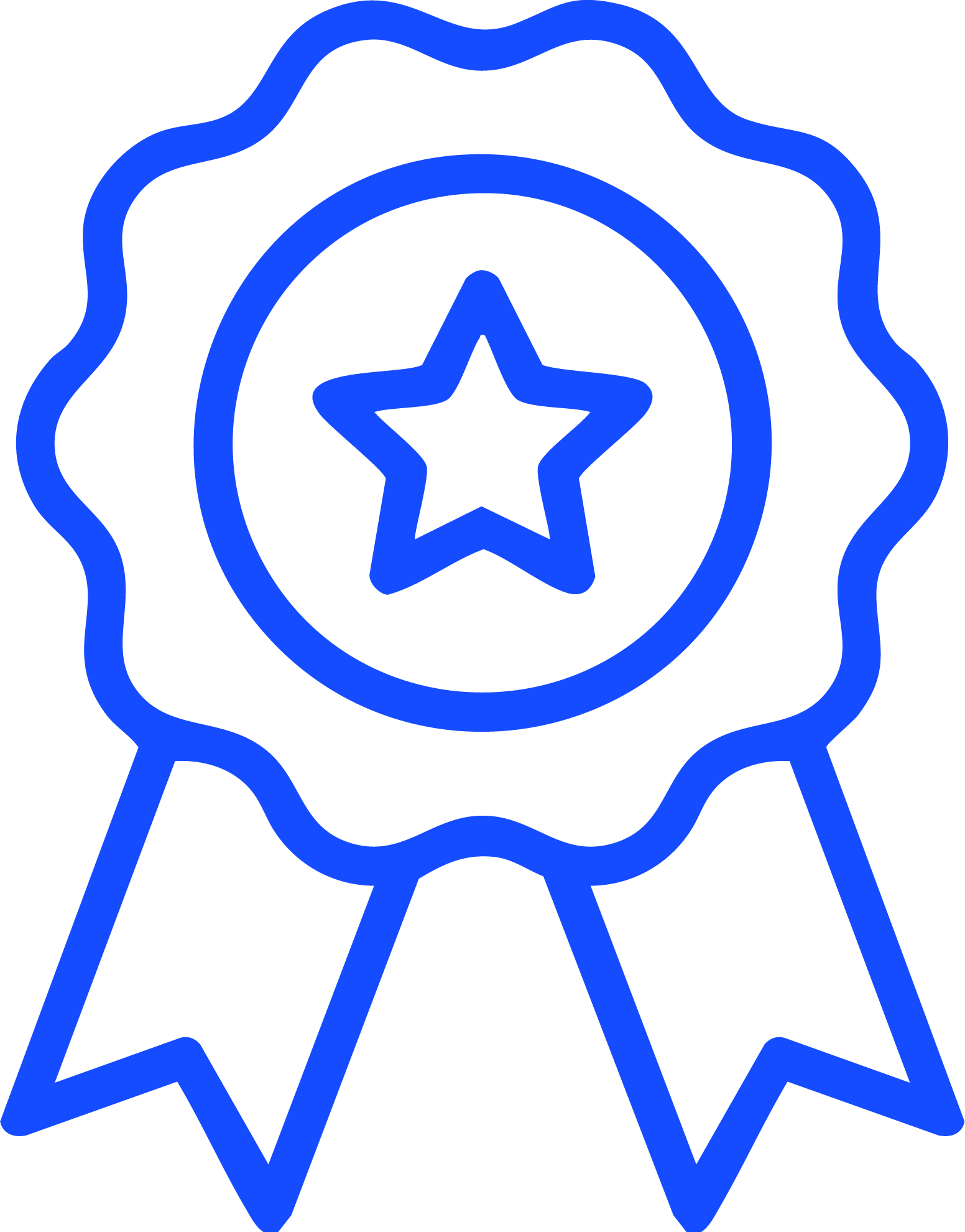Blue neon icon of an award badge with a star in the center and two ribbons hanging down.