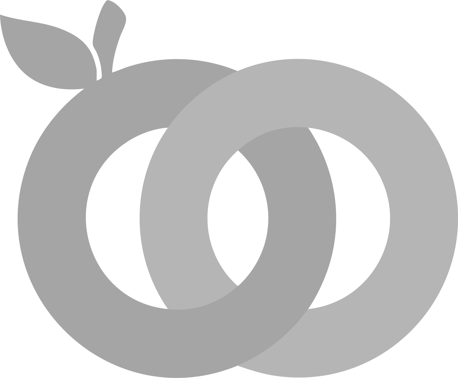 A black and white illustration of a partially eaten apple with a leaf on top.