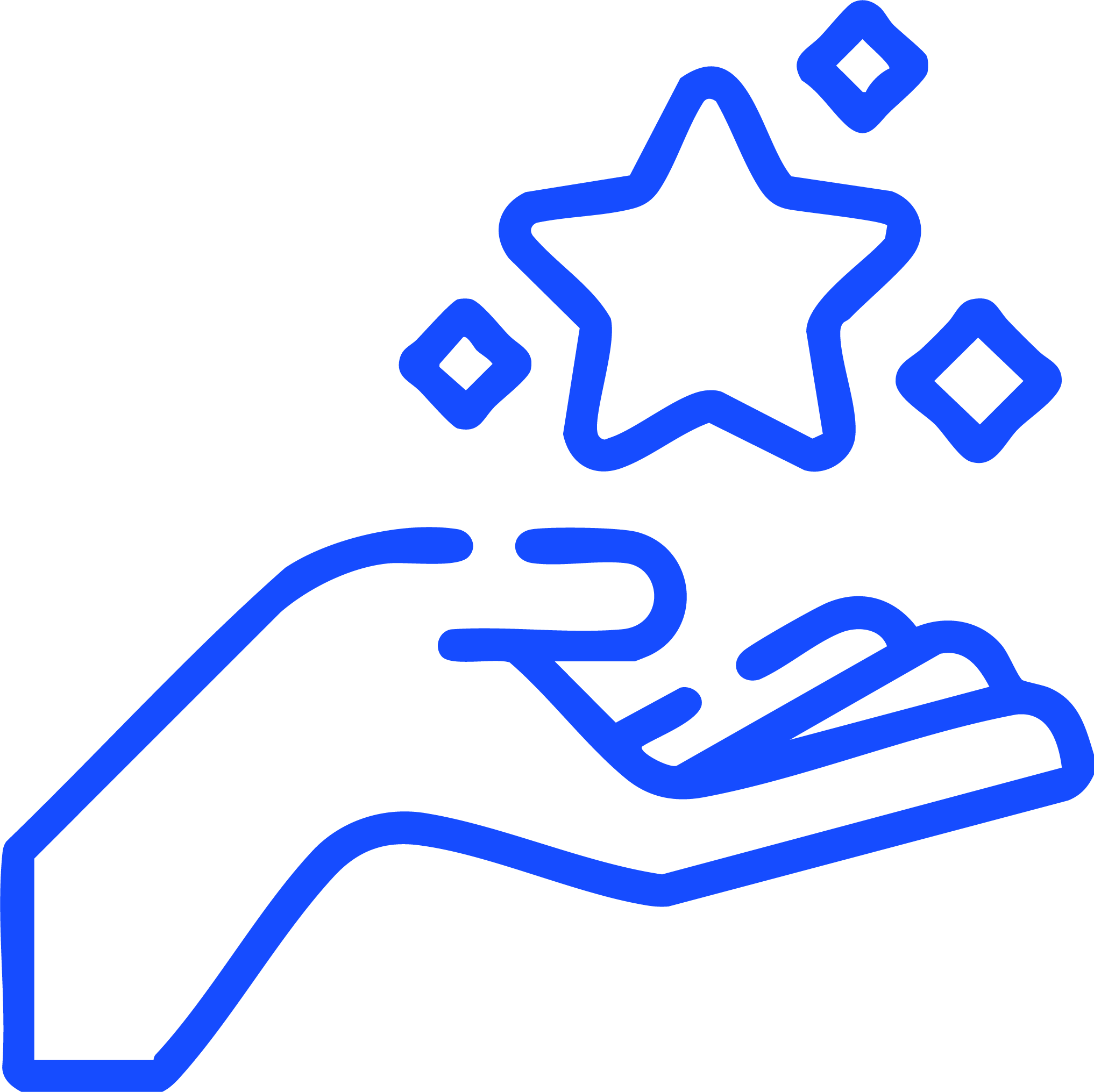 Blue icon of a hand holding a star and small diamonds.