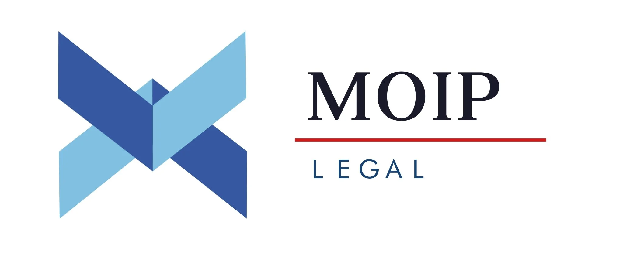 Logo van het MOIF Legal met een geometrisch ontwerp van blauwe en lichtblauwe driehoeken naast de tekst 'MOIF' in grote letters, onderstreept door een rode lijn en de woorden 'LEGAL'.
