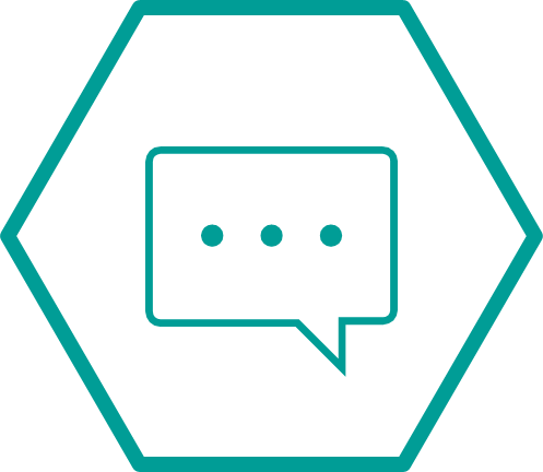 Hexagonale frame met een spraakbel-pictogram met drie stippen erin.