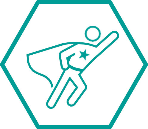 Icon van een superheld met cape die een sterrenvormig teken op de borst heeft, binnen een hexagonale rand.