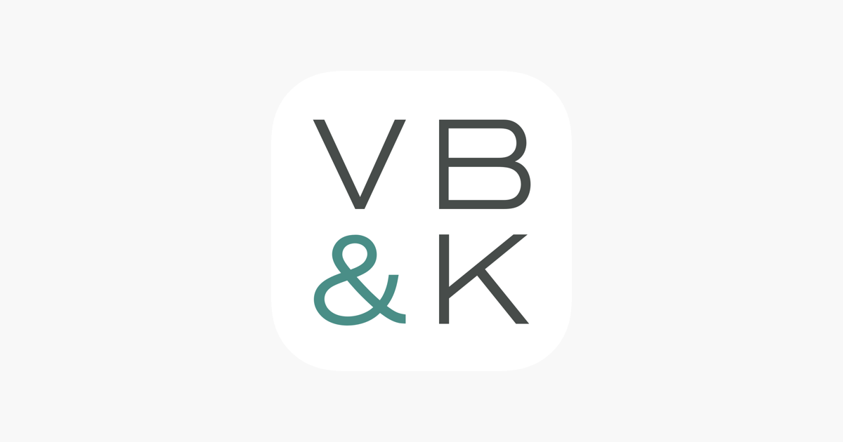 Logo met de letters V, B, & en K in verschillende kleuren en groottes