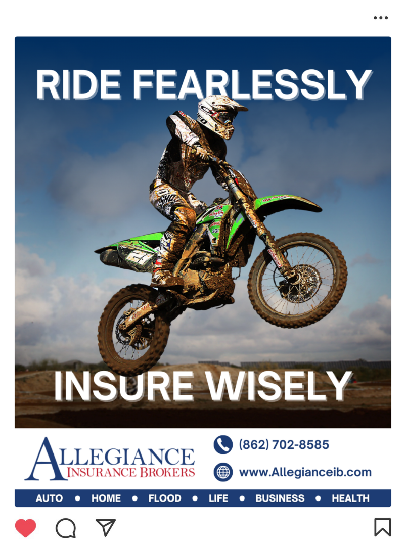 A motocross rider jumping on a dirt track with mountains in the background, promoting motorcycle insurance with the text "Ride Fearlessly, Insure Wisely."