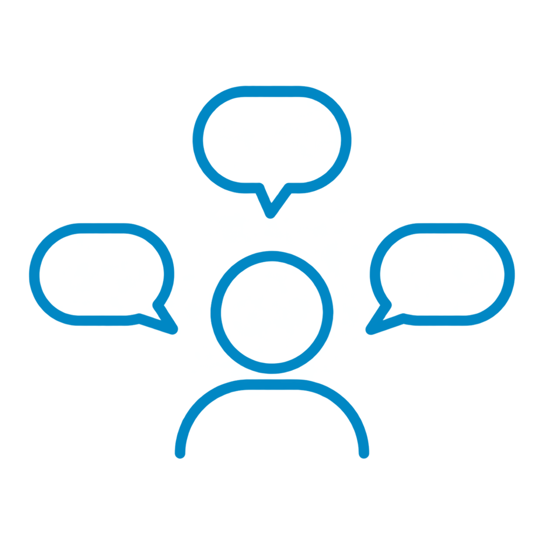 A digital illustration of a person with three speech bubbles surrounding their head, representing communication or conversation, with a blue and black color scheme.