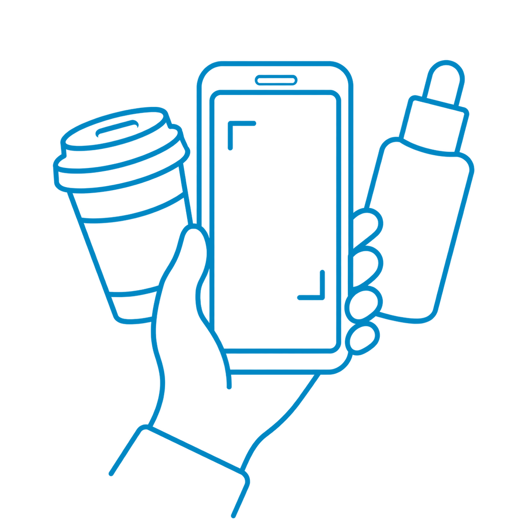 Line art illustration of a hand holding a smartphone, with a coffee cup, dental floss, and toothpaste in the background.