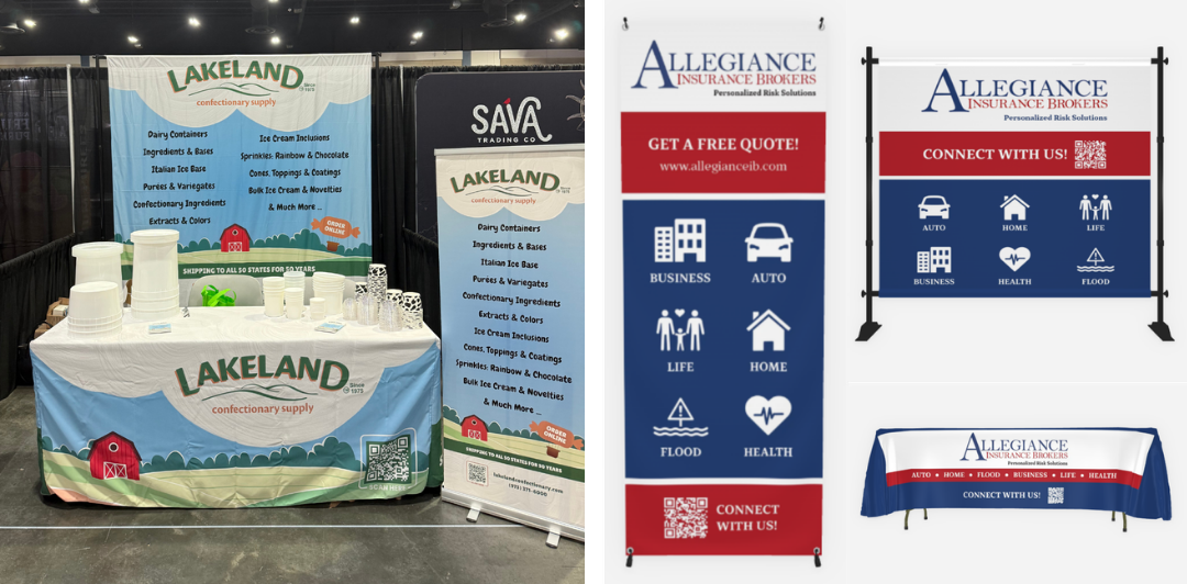 Exhibit booth with Lakeland Confectionery Supply branding, including a table with white cups and bowls, and informational banners. Next to it, an Allegiance Insurance Brokers display with icons representing business, auto, life, flood, and health insurance, along with a QR code for connecting.