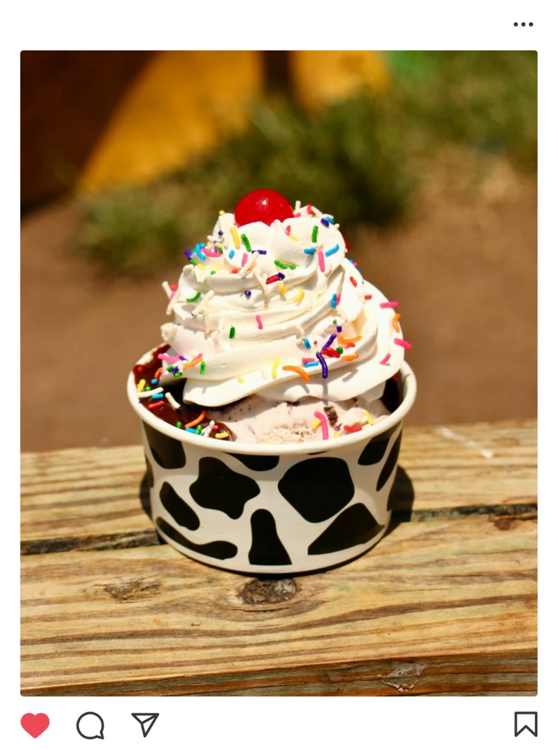 A bowl of ice cream topped with whipped cream, colorful sprinkles, and a cherry, sitting on a wooden surface outside.