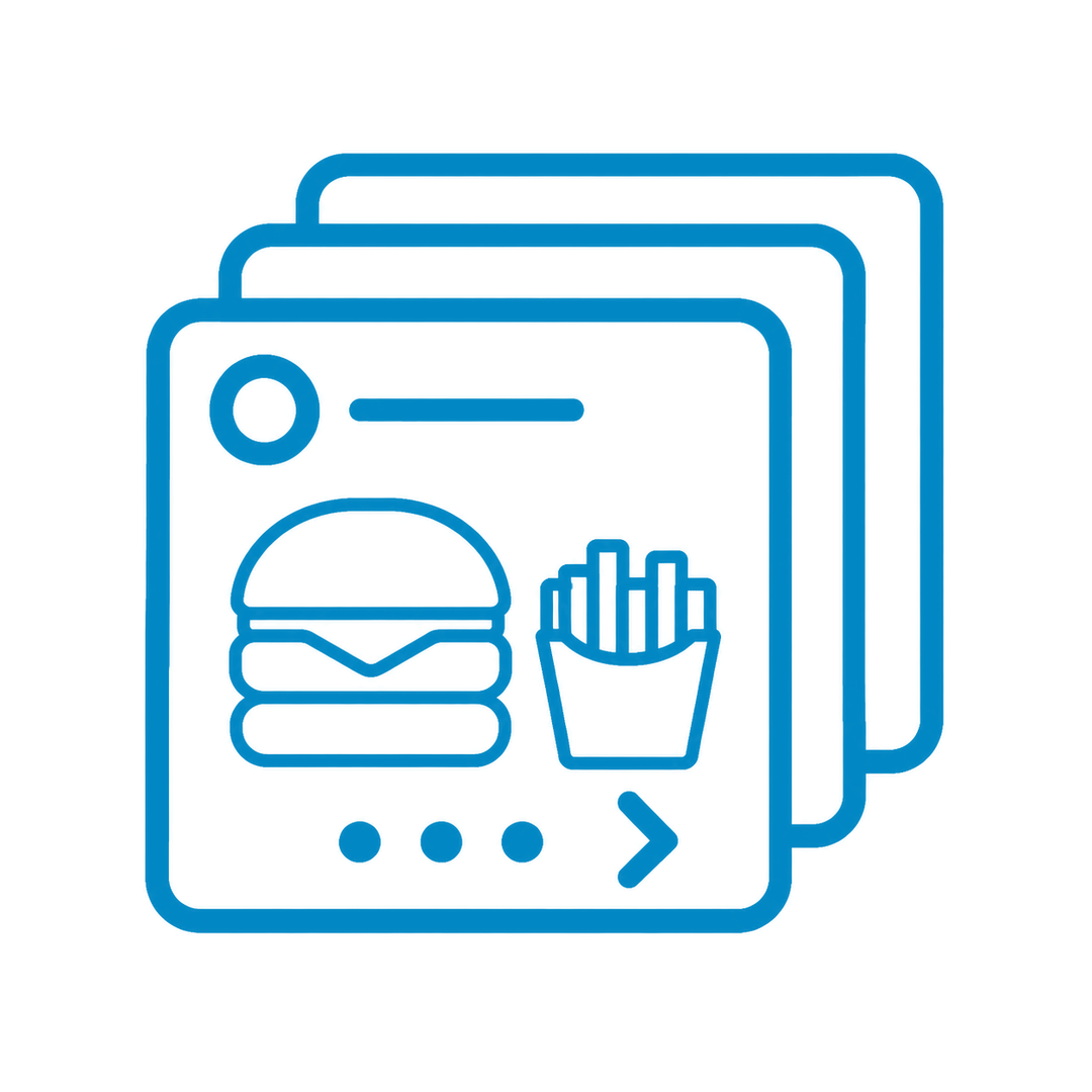 Icon representing fast food delivery, including a burger, fries, and a delivery arrow.